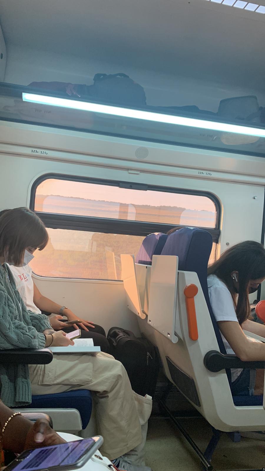 El humo se aprecia a través de la ventana en el tren Huesca-Zaragoza.