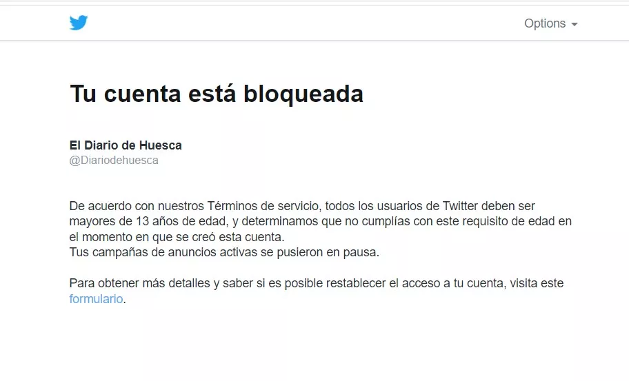 Aviso de Twitter de que la cuenta está bloqueada.
