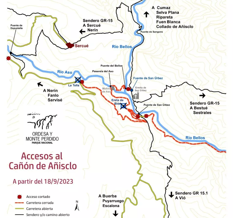 Mapa de accesos al cañón de Añisclo.