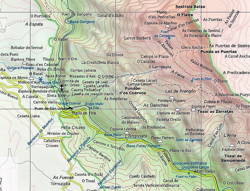 Detalle del mapa del Parque Nacional de Ordesa y Monte Perdido del folleto
