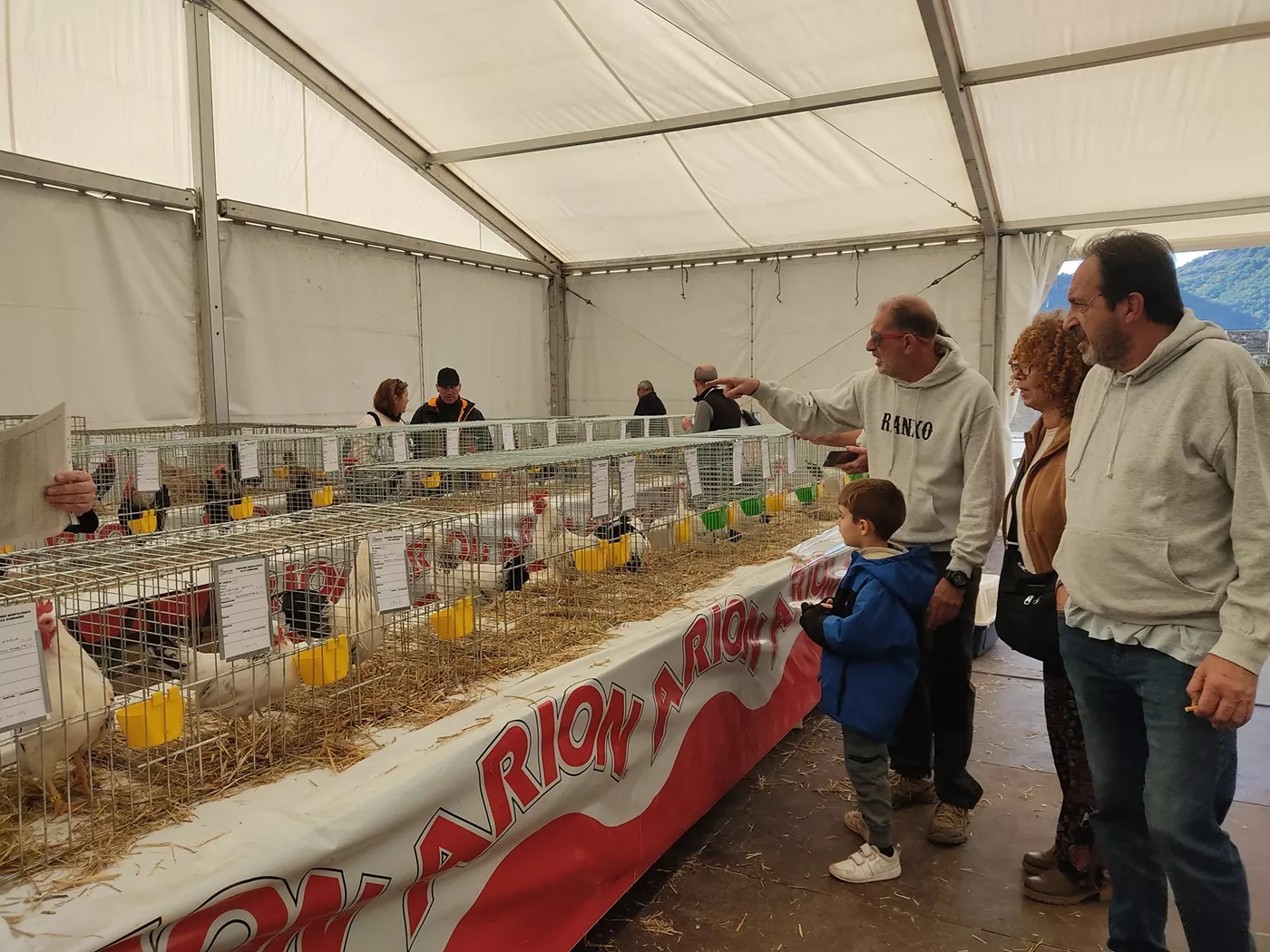 Expositores de Gallinas de Sobrarbe en el interior de la carpa.