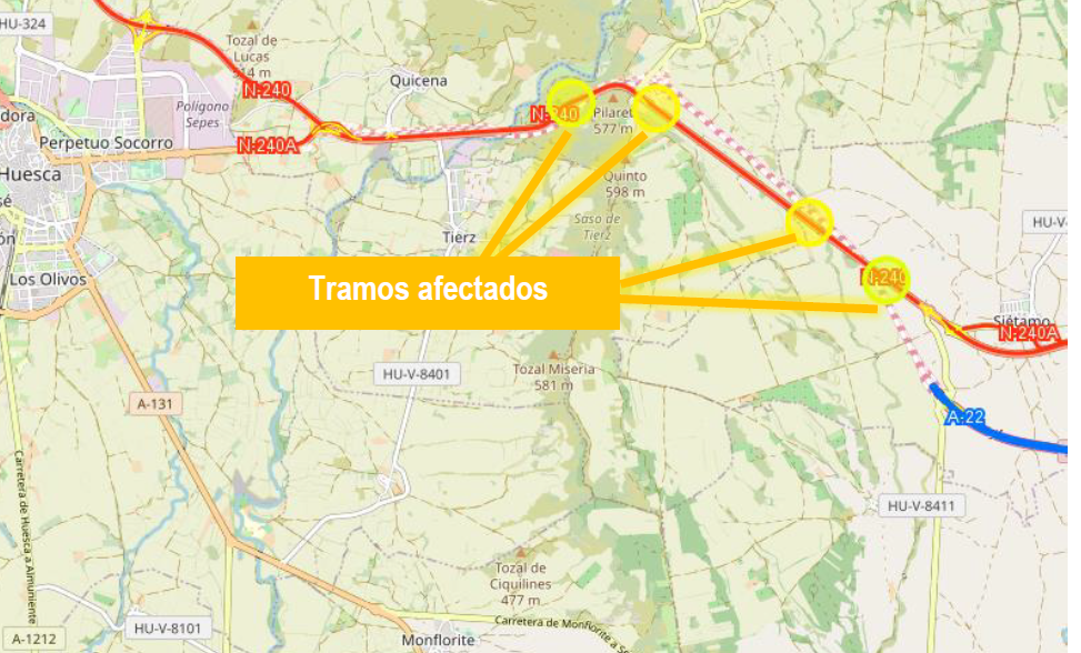 Puntos de la N-240 afectados por los desvíos debido a las obras