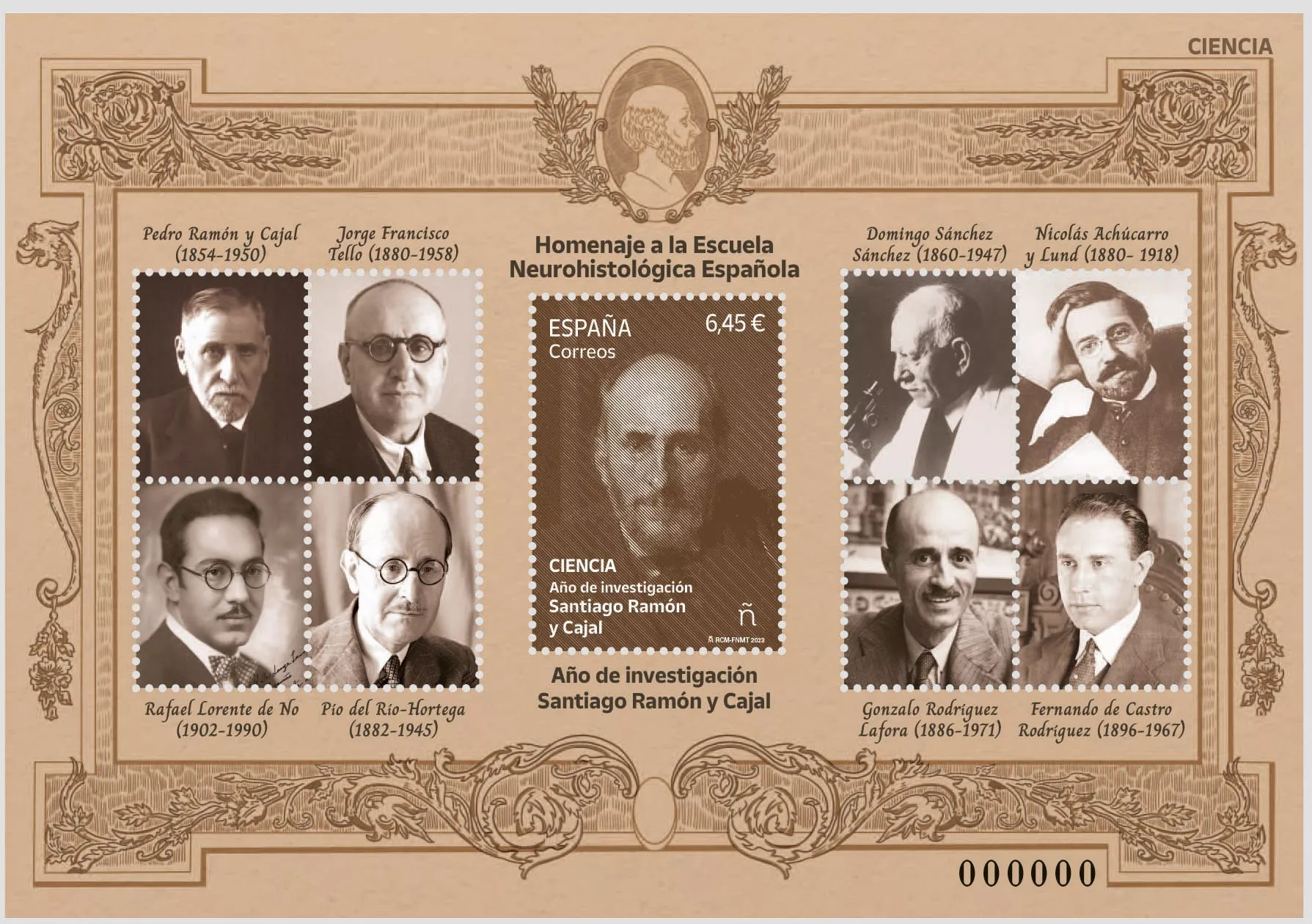 Hoja Bloque y sello Ramón y Cajal