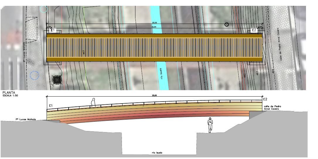 Representación de la pasarela sobre el río Isuela entre las calles Pedro Arnal Cavero y Lucas Mallada Representación de la pasarela sobre el río Isuela entre las calles Pedro Arnal Cavero y Lucas Mallada