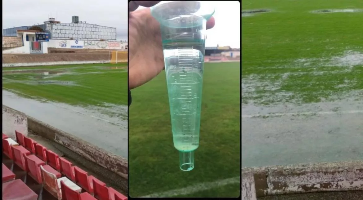 Casi 40 litros han caído en Almudévar. La lluvia obliga a aplazar varios encuentros en el fútbol altoaragonés. Foto: AD Almudévar 
