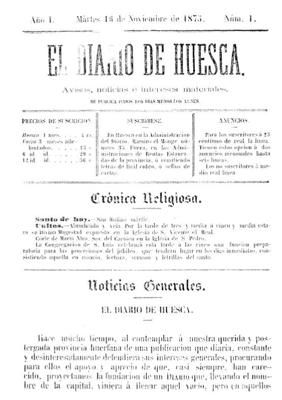 Portada del primer número de El Diario de Huesca de 16 de noviembre de 1875