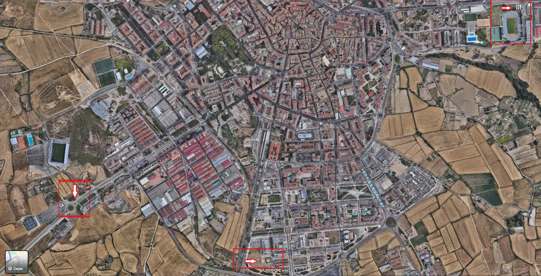 Mapa de Huesca donde se indican los puntos en los que se ubican los aparcamientos disuasorios proyectados.
