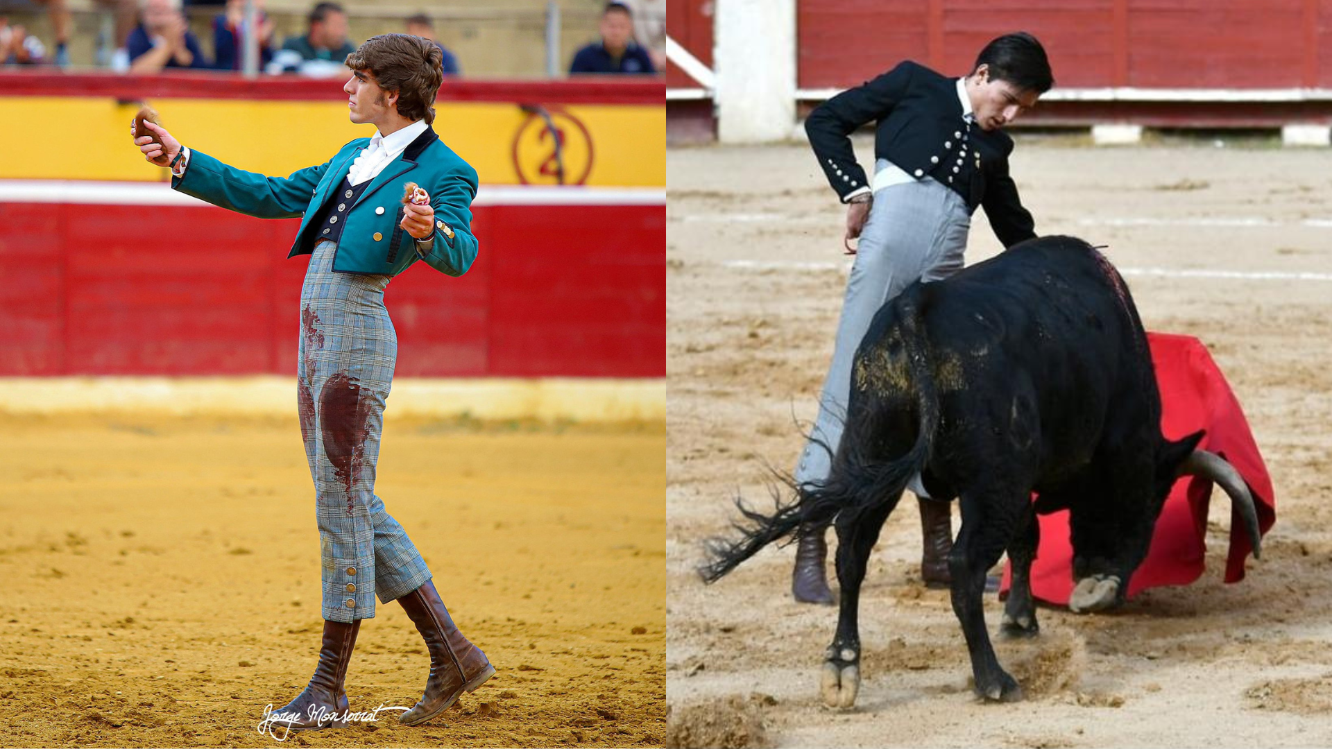 Jorge Mallén brinda las dos orejas de su novillo al público de Huesca/Ignacio Boné lidia con un novillo. Fotos: Jorge Monserrat/Tomás Carnicer
