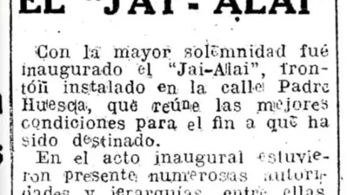 Imagen del recorte de prensa de la inauguración del Jai-Alai. Imagen del recorte de prensa de la inauguración del Jai-Alai.