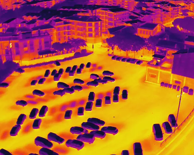 Vigilancia nocturna con drones con cámara térmica en un parquin.