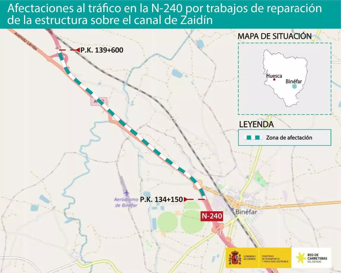 Tramo de la N-240 entre Monzón y Binéfar afectado por las obras de reparación de la estructura sobre el canal de Zaidín.