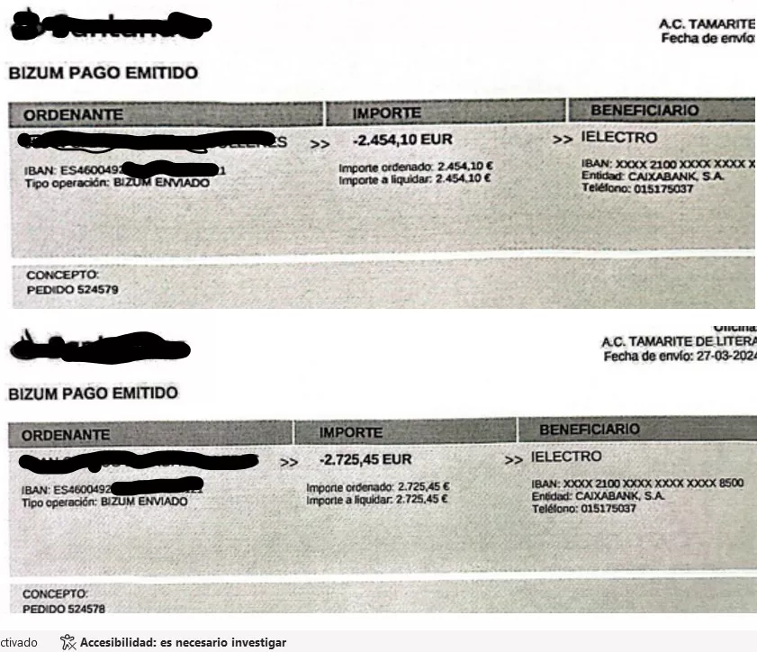 Los dos Bizum con los que se cometió la estafa a un consumidor literano Los dos Bizum con los que se cometió la estafa a un consumidor literano