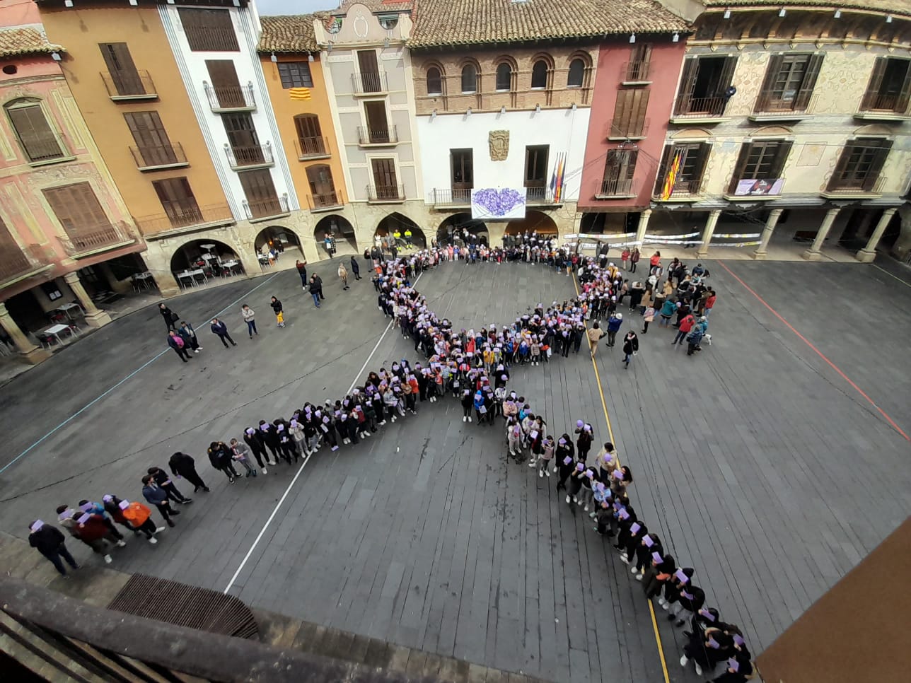 Lazo que han compuesto por los alumnos en la Plaza Mayor de Graus
