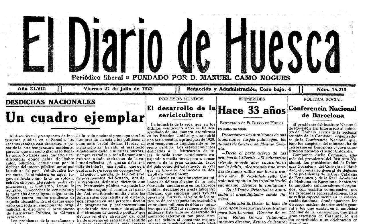 Ejemplar de EL DIARIO DE HUESCA de 21 de julio de 1922.