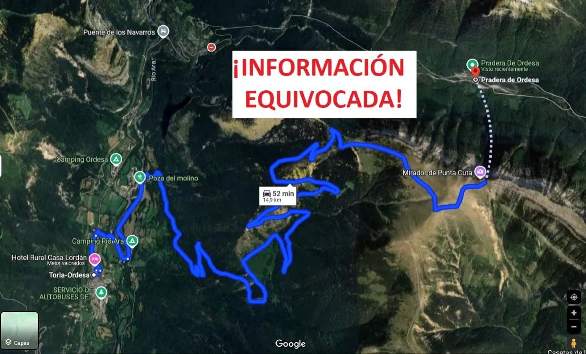 El Gobierno de Aragón alerta de un error en Google Maps para acceder a la pradera de Ordesa.