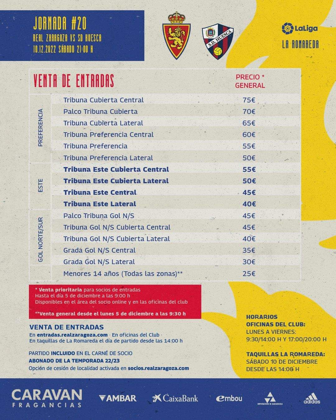 En la imagen, los precios para el Zaragoza-Huesca.