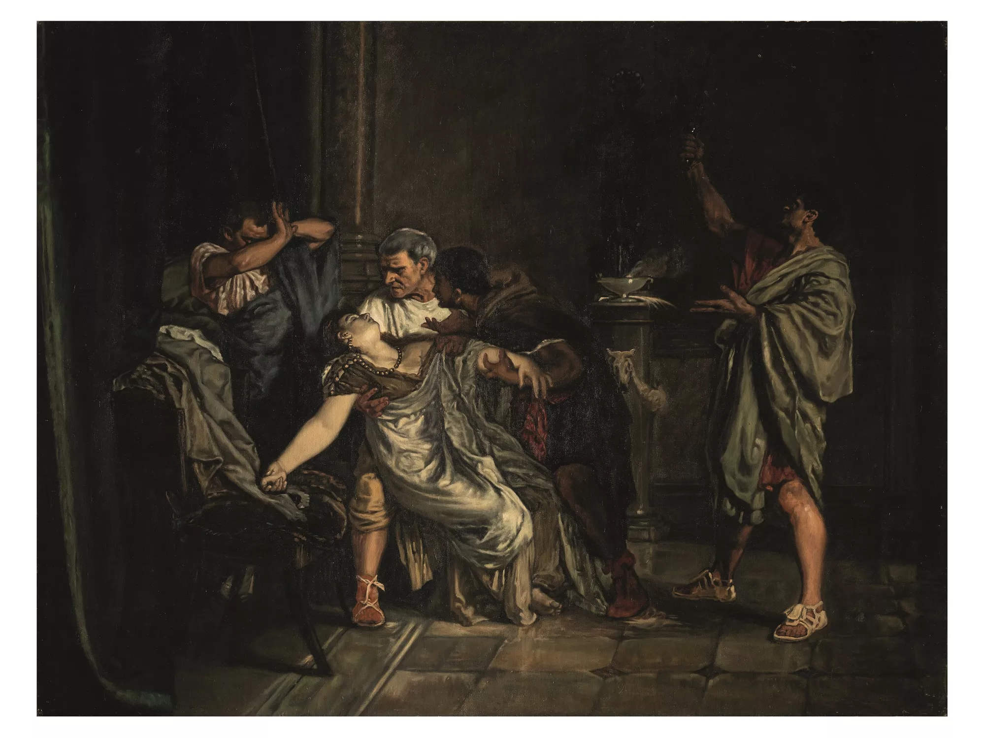 Autoría desconocida. Muerte de Lucrecia, finales del siglo XIX. Óleo sobre lienzo. 130 x 170 cm