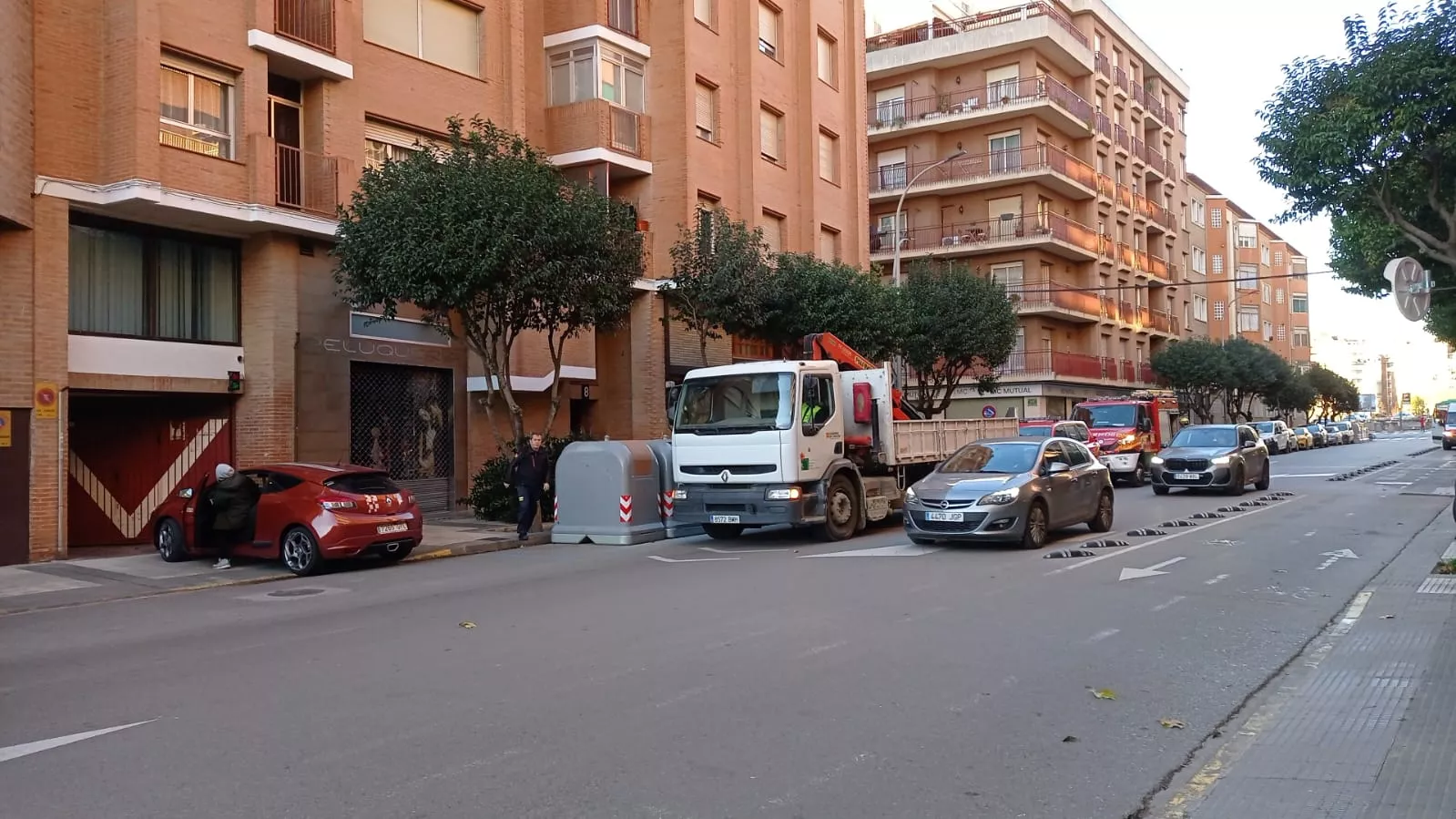 Brigadas municipales con los bomberos retirando un árbol en la calle Tarbes Brigadas municipales con los bomberos retirando un árbol en la calle Tarbes