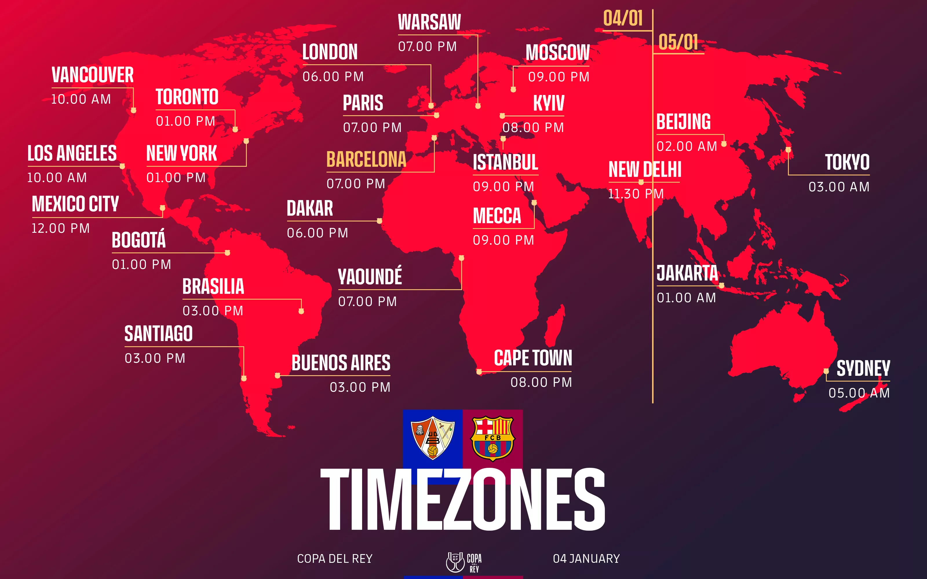 Mapa mundial con horarios para ver el Barbastro-Barcelona de Copa del Rey.