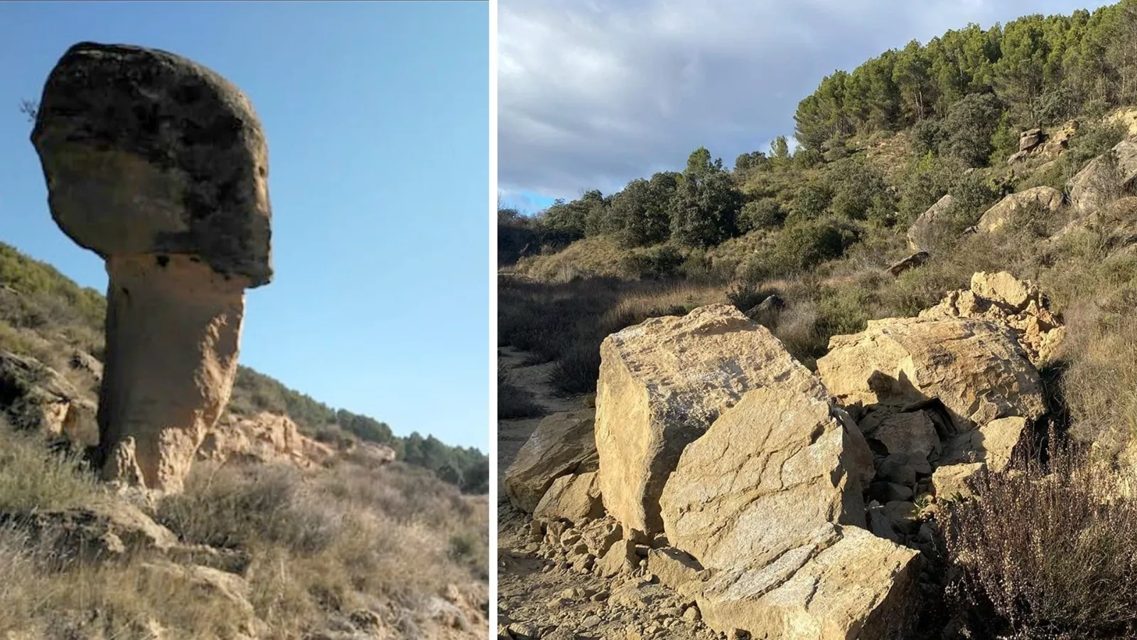 El Vigilante de Fornillos cuando estaba enhiesto y tras la caída