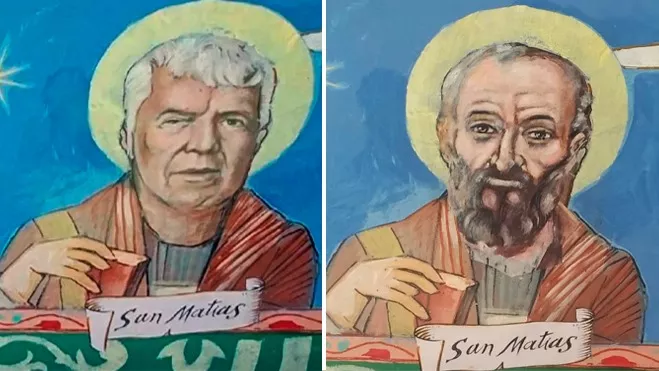 A la izquierda, Eduardo Lacasta como San Matías y a la derecha, la nueva imagen en la iglesia de Latre.