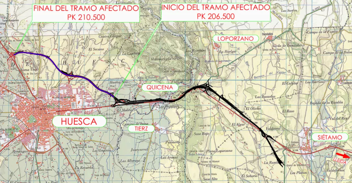 El mapa señala el tramo afectado por el desvío dentro de las obras de la autovía entre Huesca y Siétamo.