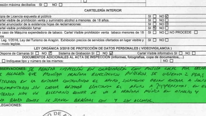 Parte del acta con las observaciones.