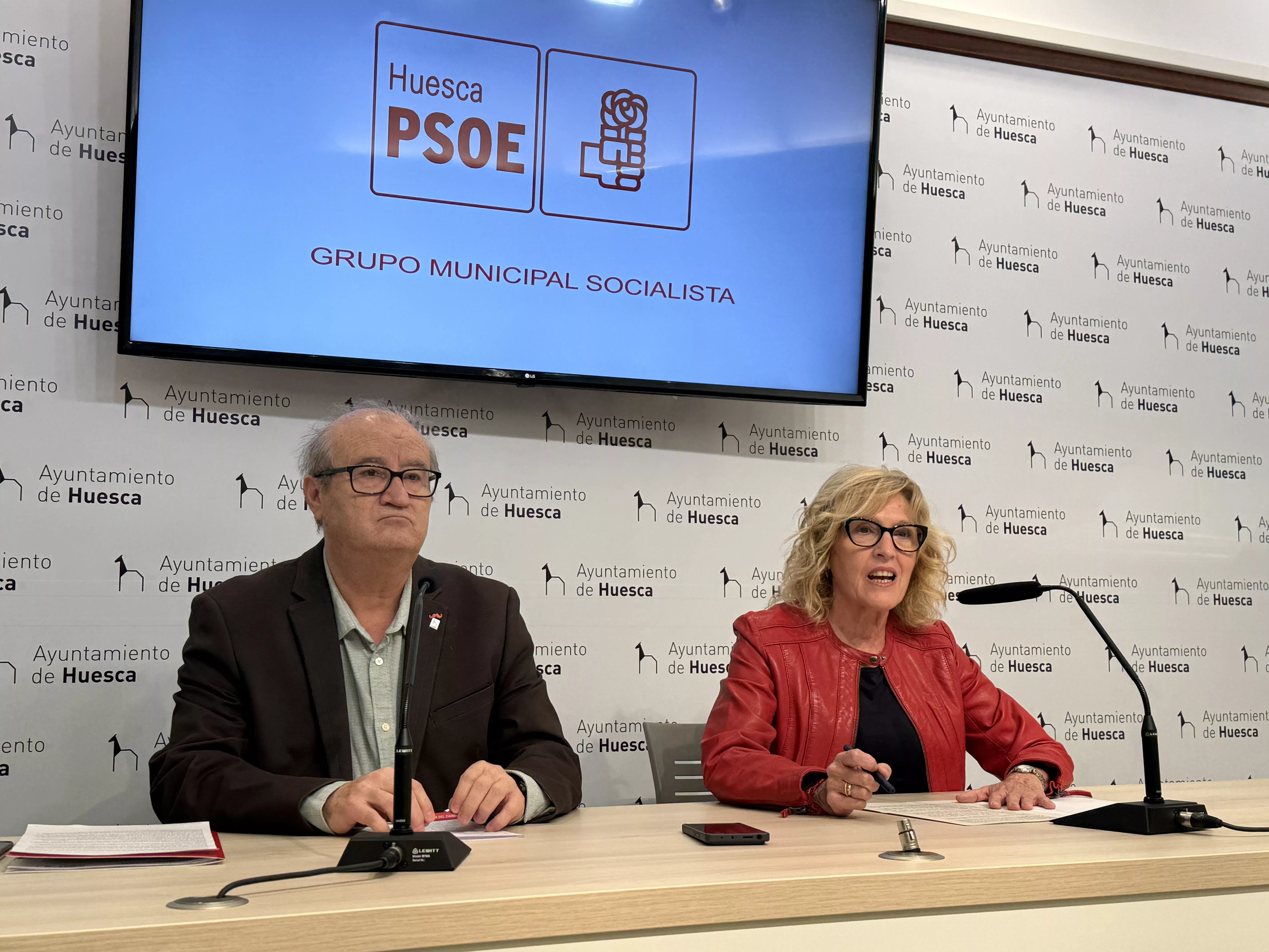 Los concejales socialistas de Huesca José María Romance y Silvia Salazar.