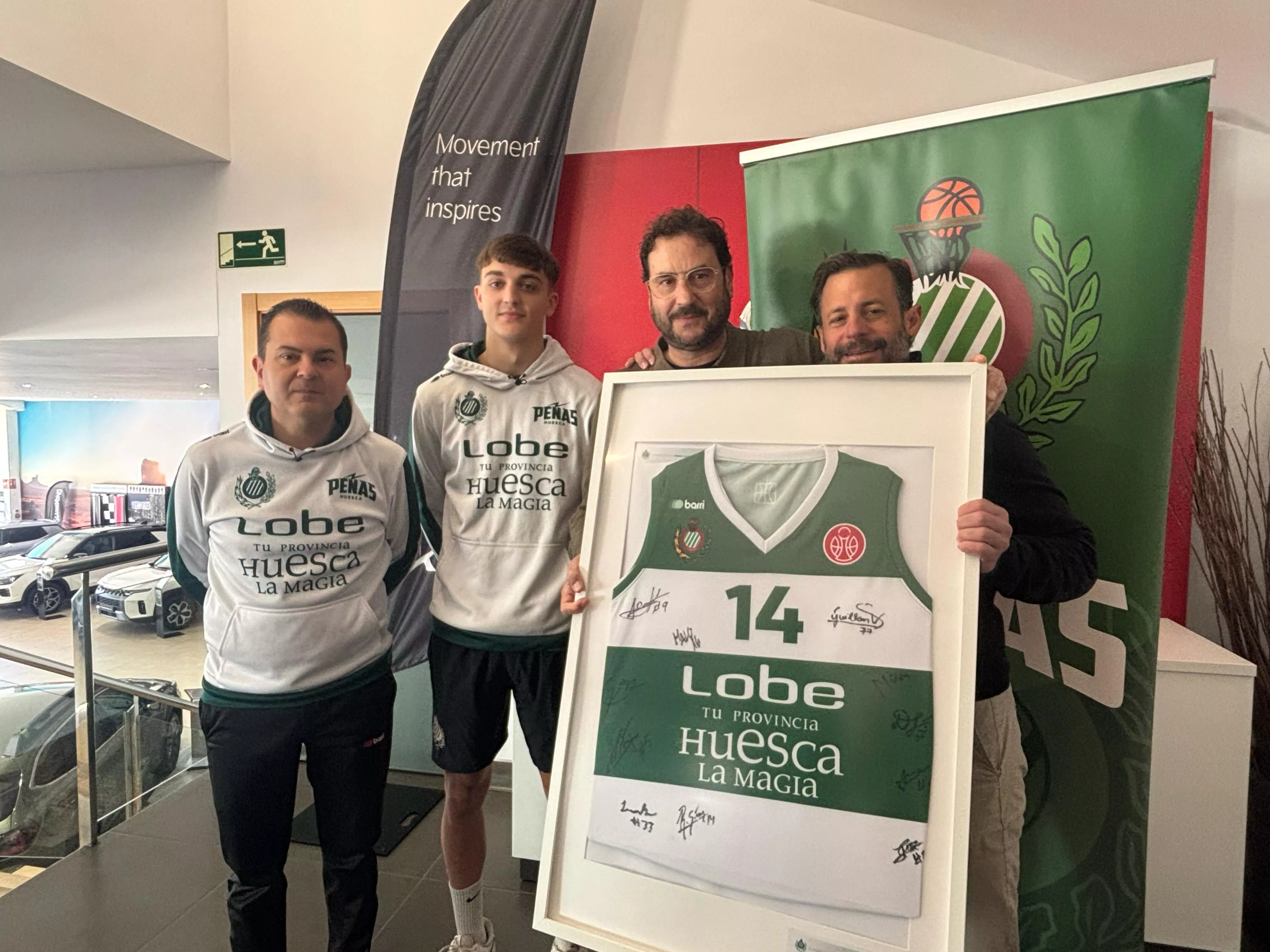 Rubin de Celis, Rafa Sanz, Fernando Lascorz y Toño, de KIA en Huesca, en la previa del Ponferrada Lobe Huesca la Magia