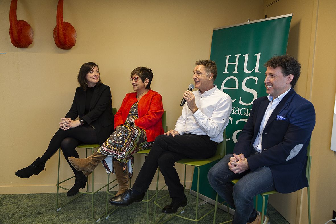 Estela Rasal, Elisa Sancho, Juanjo Artero y Fernando Blasco en la presentación en Madrid del anuncio "No vengas a Huesca"