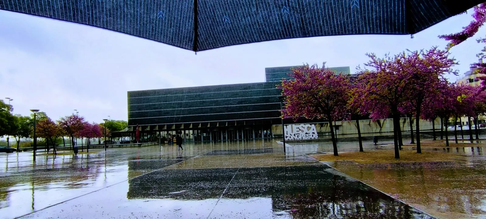 Palacio de Congresos. La lluvia ha caído con fuerza en la ciudad de Huesca. Foto Joaquín Santafé