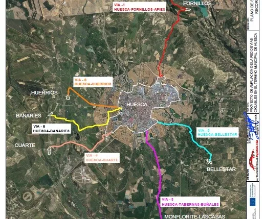 Parte del mapa de la vías ciclables en el municipio de Huesca.