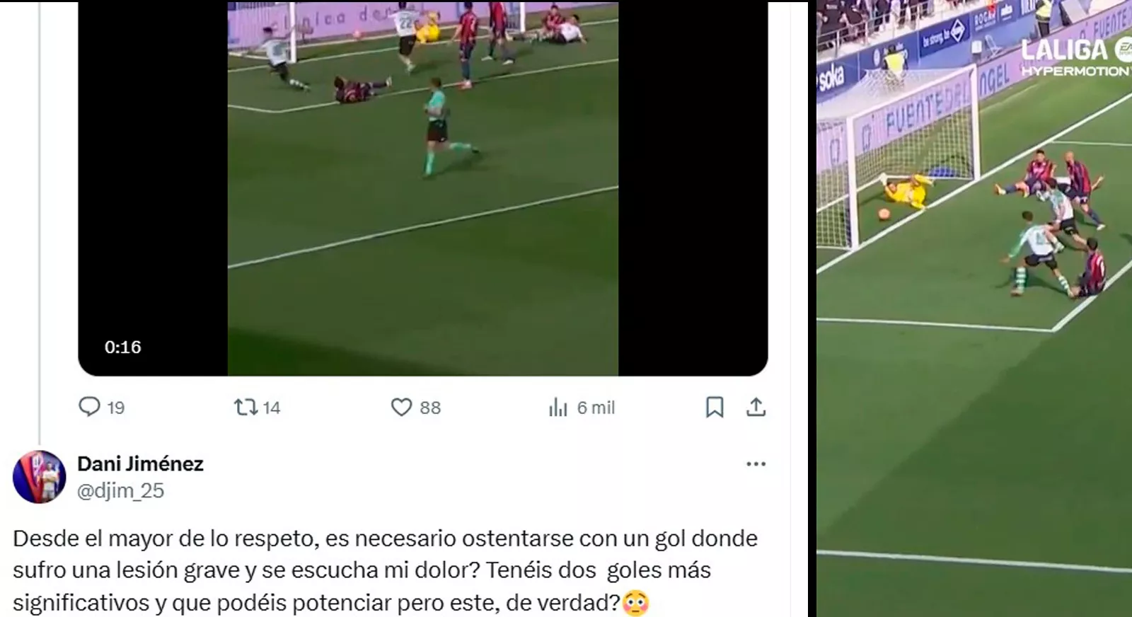 Tuit de Dani Jiménez en el sitio de X del Racing de Santander debajo del primer gol