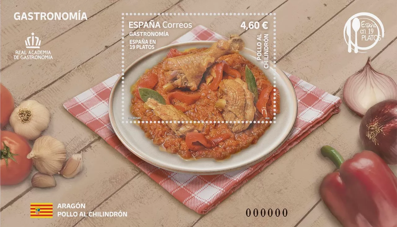 Sello sobre el Pollo al Chilindrón de la serie de España en 19 Platos