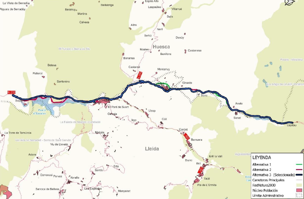 Plano que muestra las alternativas para este tramo de la N-230
