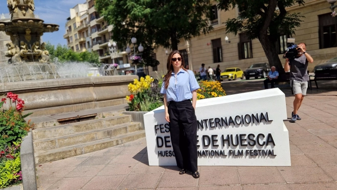 Blanca Suárez. Equipo de "Parecido a un asesinato" en Huesca. Foto Myriam Martínez