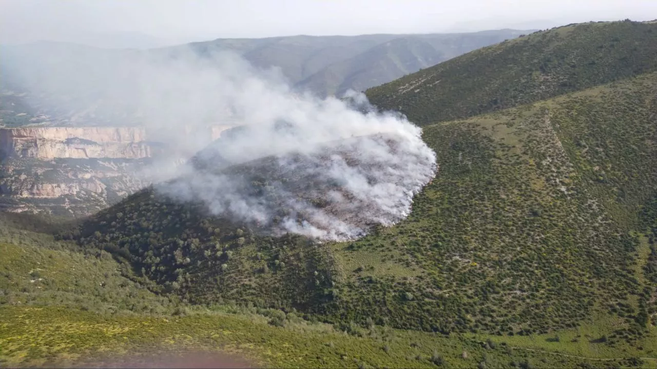 Vista del incendio declarado por un rayo en el término de Belsué. Vista del incendio declarado por un rayo en el término de Belsué.