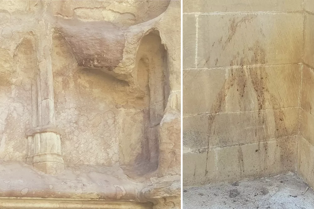Fachada de la Catedral de Huesca con manchas de vino, difíciles de quitar.
