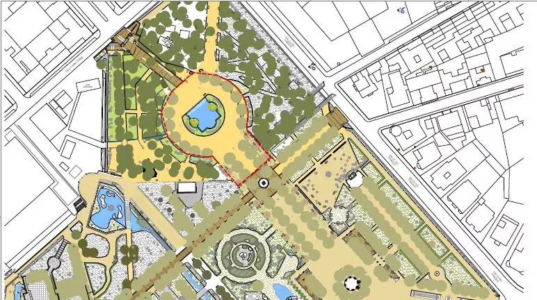Zona en la que se va a actuar entre el estanque central y la estatua de los caídos del Parque Miguel Servet.