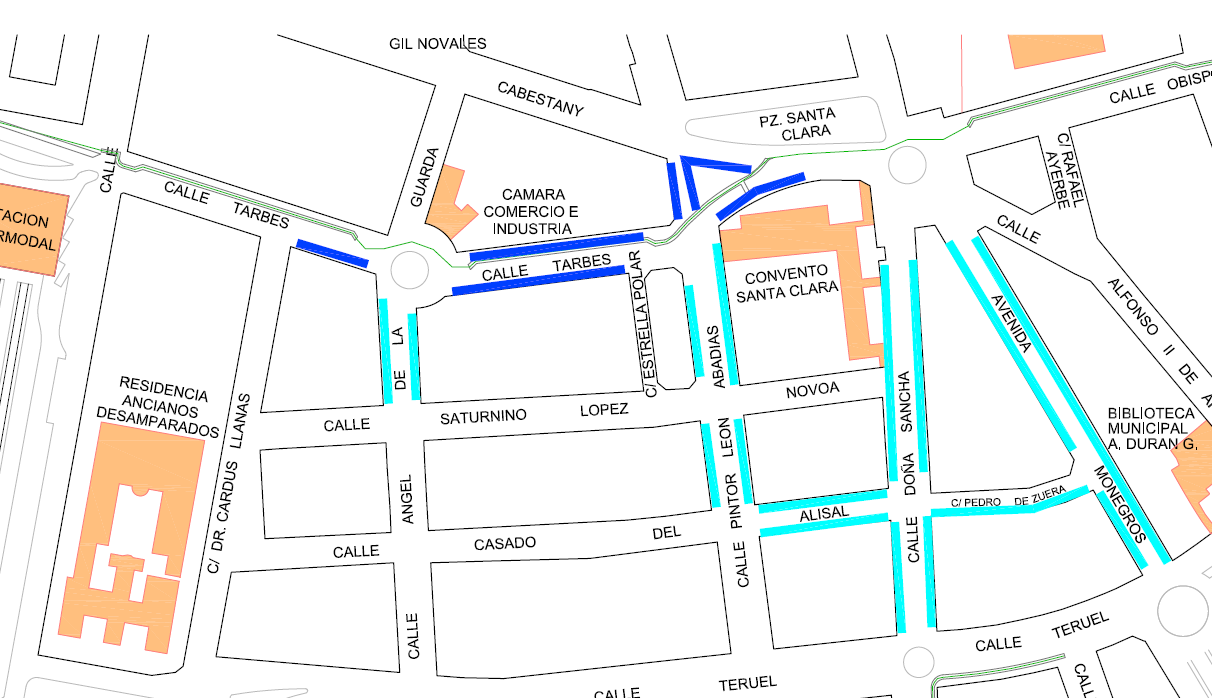 Plano de los tramos donde estaba previsto incorporar la zona azul. Plano de los tramos donde estaba previsto incorporar la zona azul.