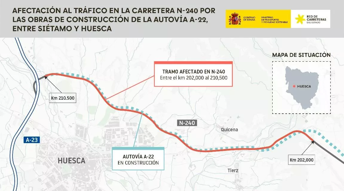 Desvío en la N-240 por los trabajos finales de la Siétamo-Huesca.