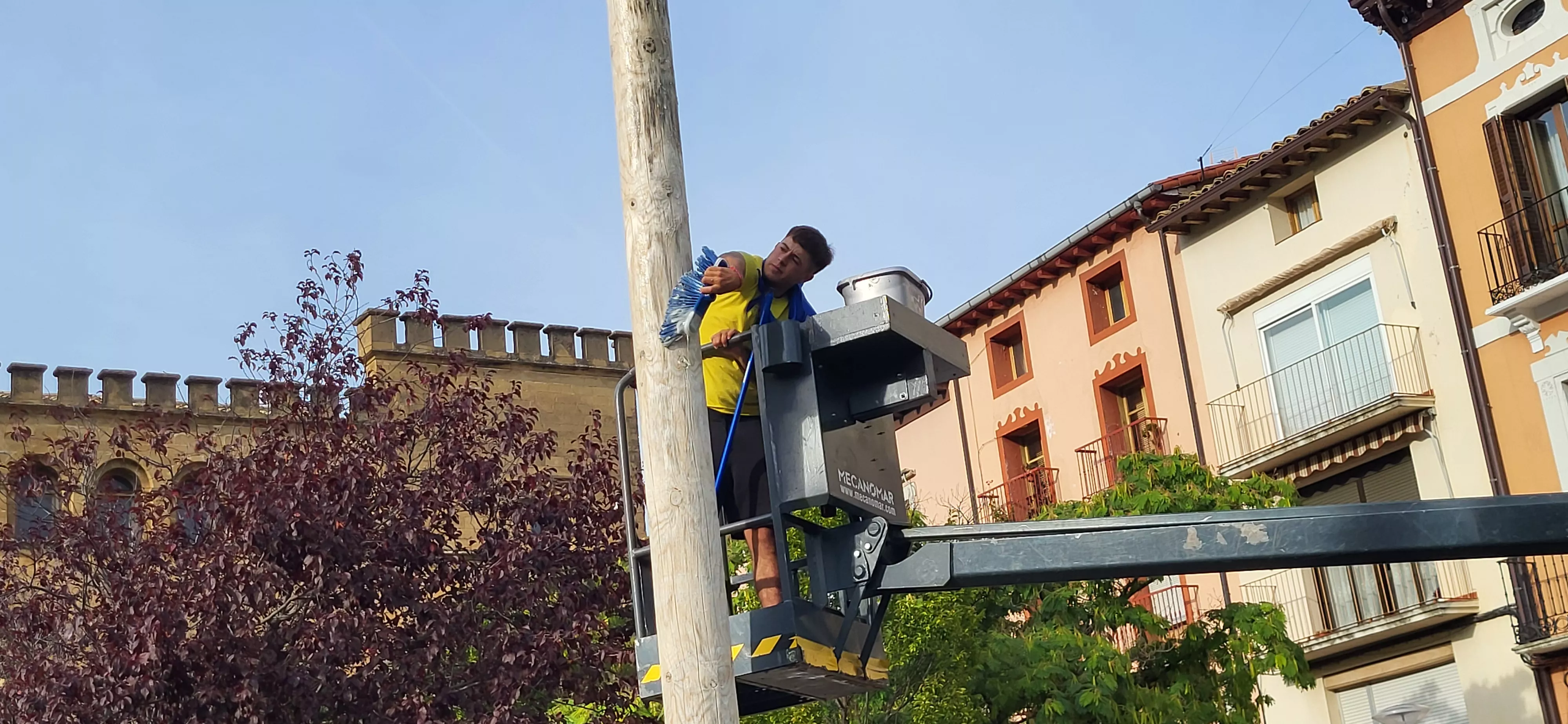 Madero enjabonado en las fiestas de Ayerbe. Foto Mercedes Manterola