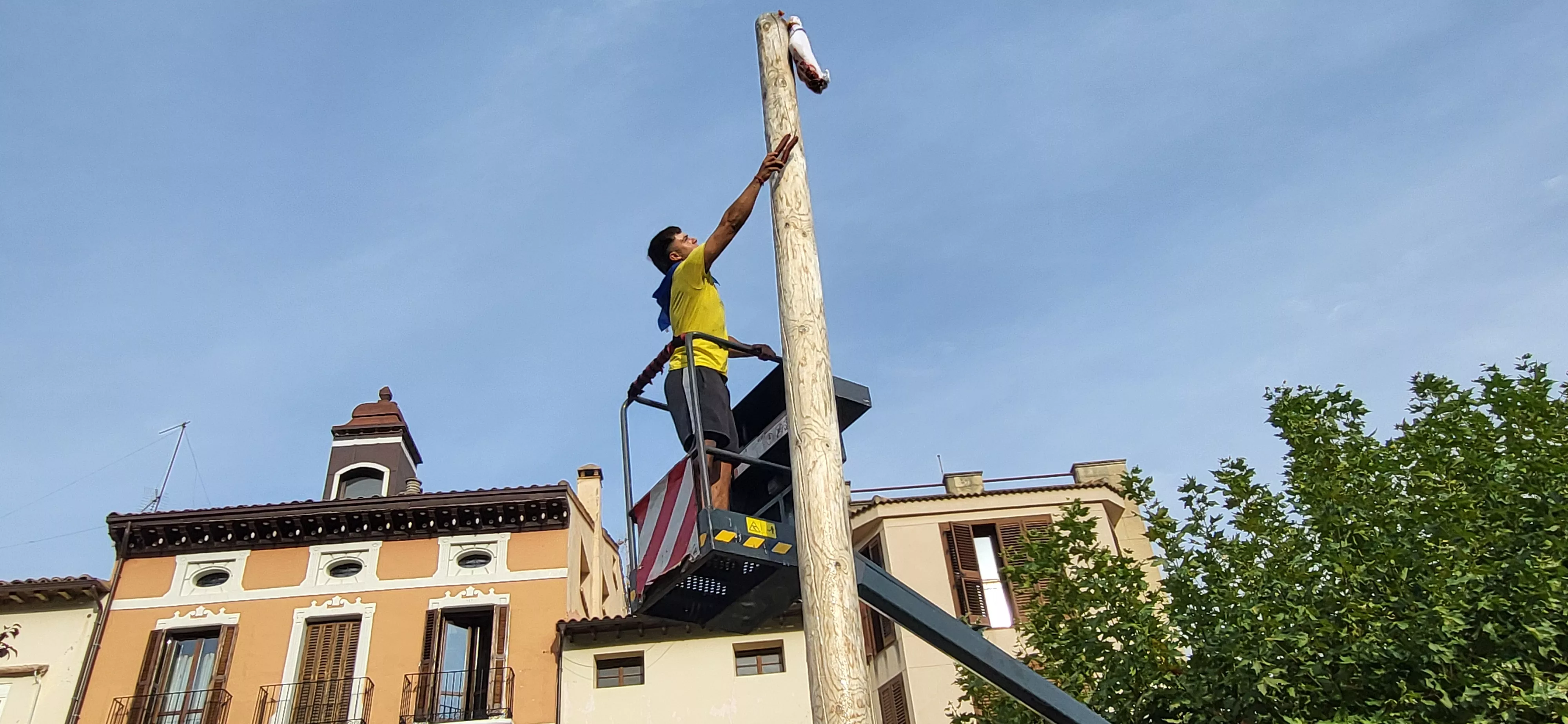 Madero enjabonado en las fiestas de Ayerbe. Foto Mercedes Manterola