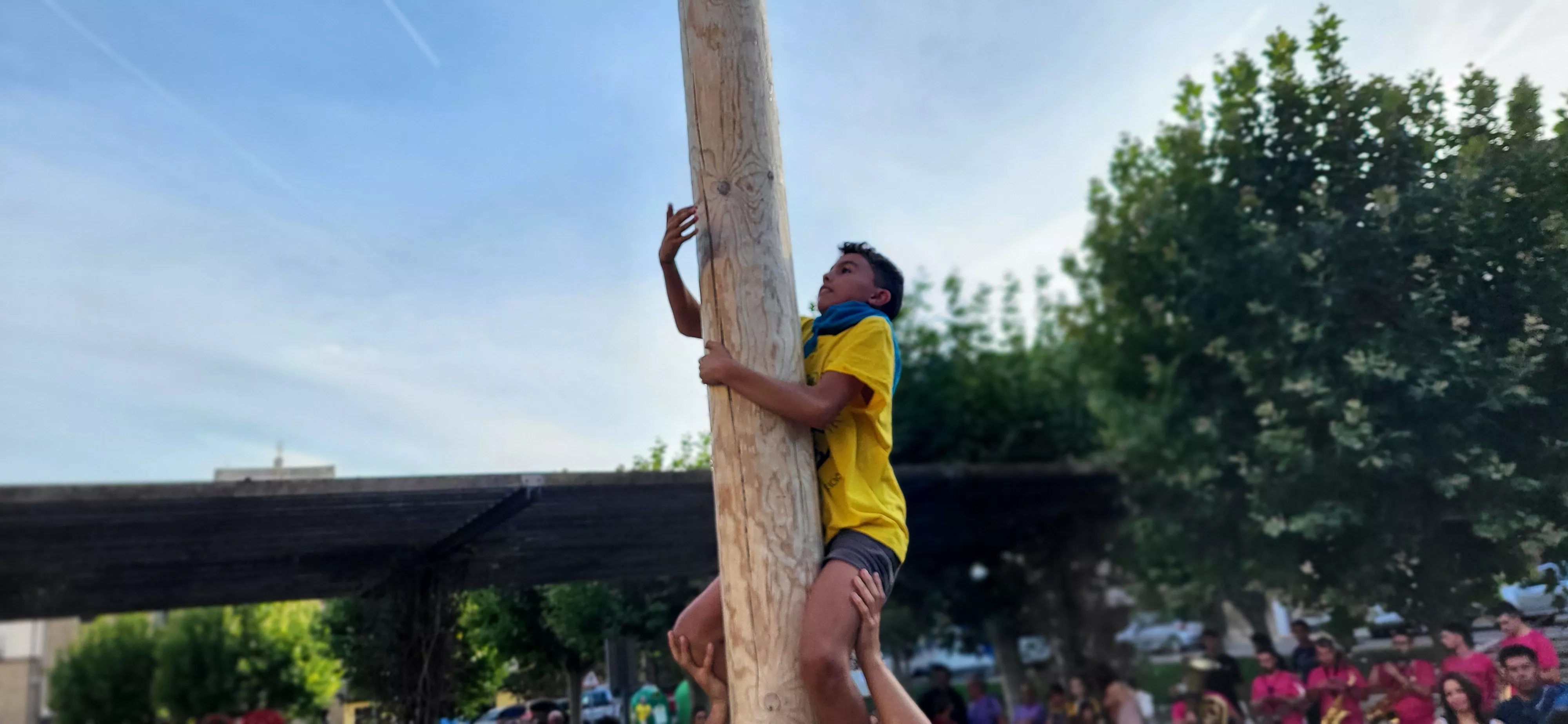 Madero enjabonado en las fiestas de Ayerbe. Foto Mercedes Manterola