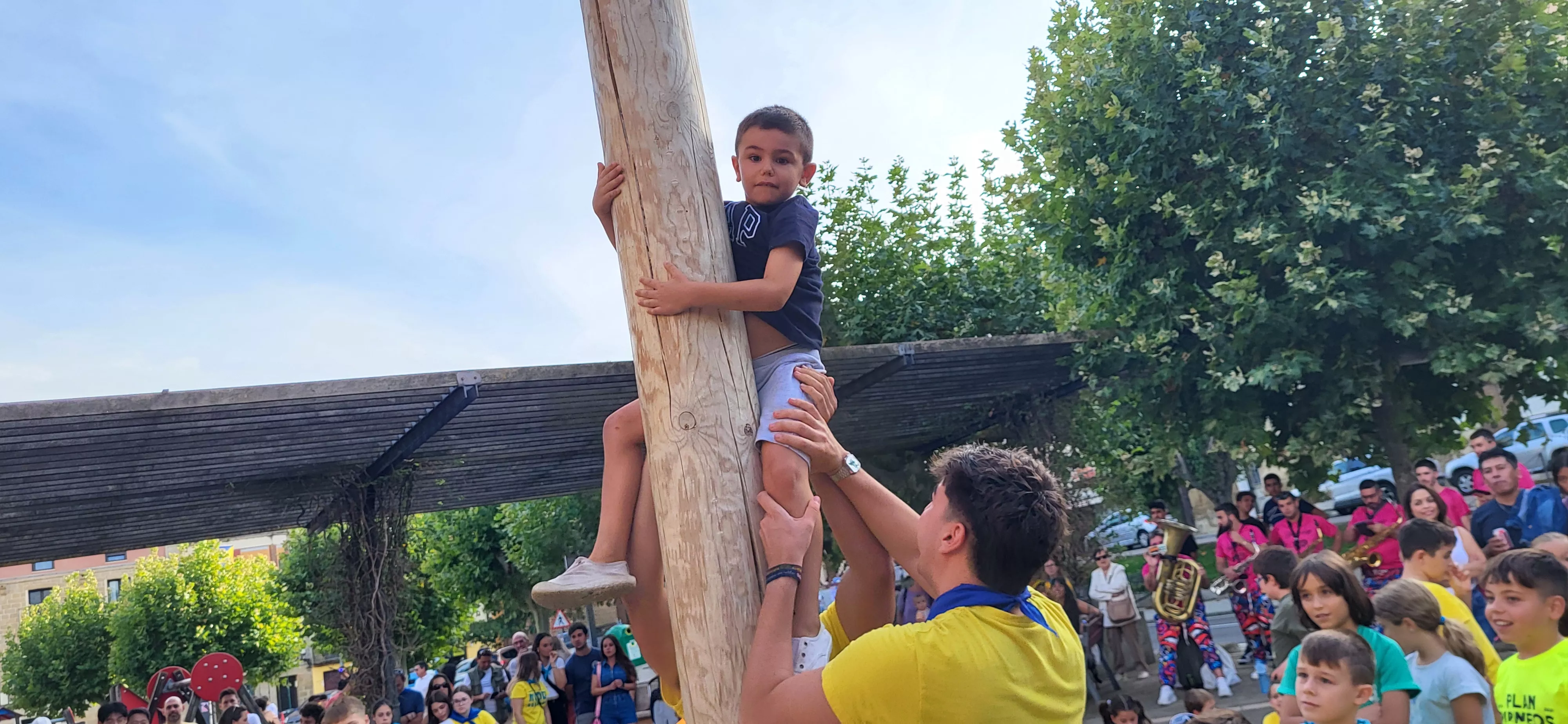Madero enjabonado en las fiestas de Ayerbe. Foto Mercedes Manterola
