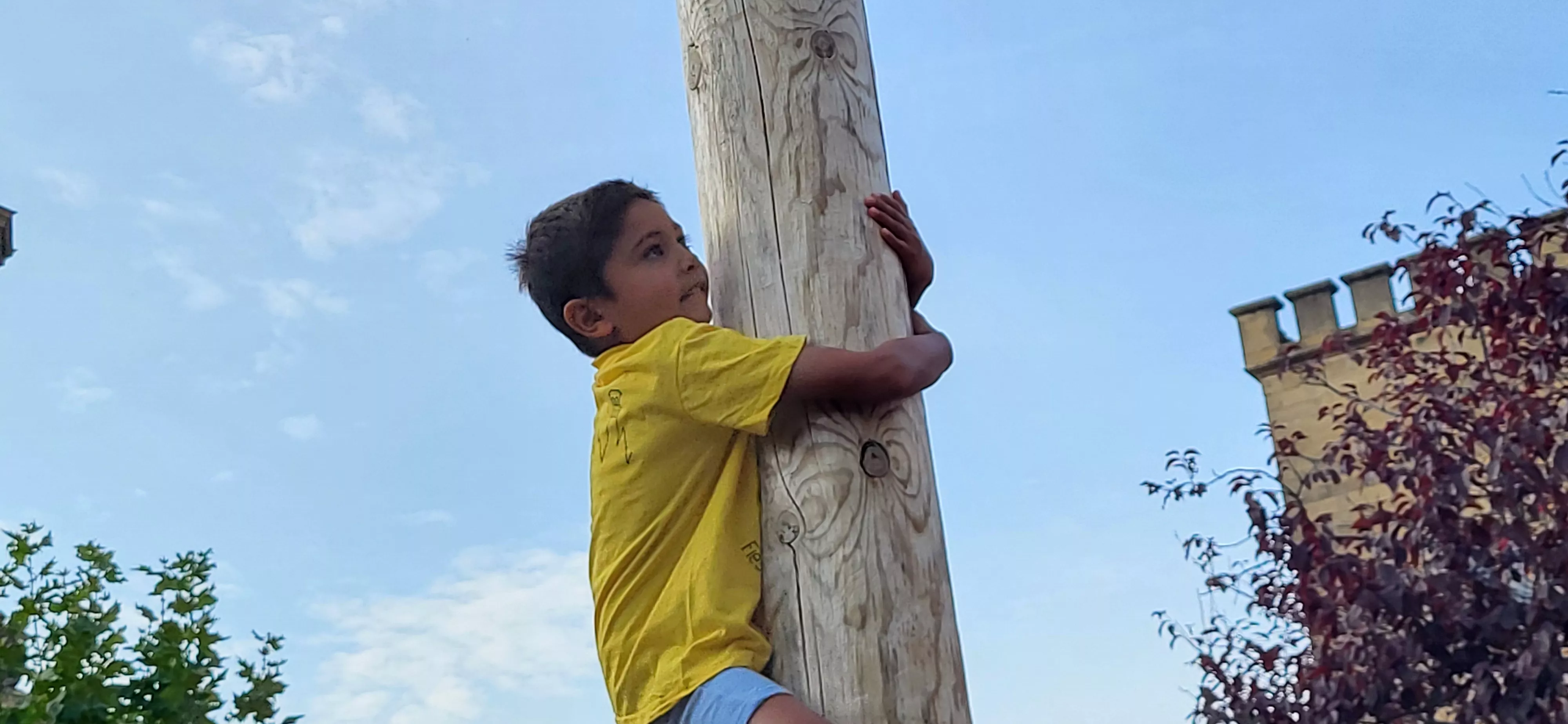 Madero enjabonado en las fiestas de Ayerbe. Foto Mercedes Manterola