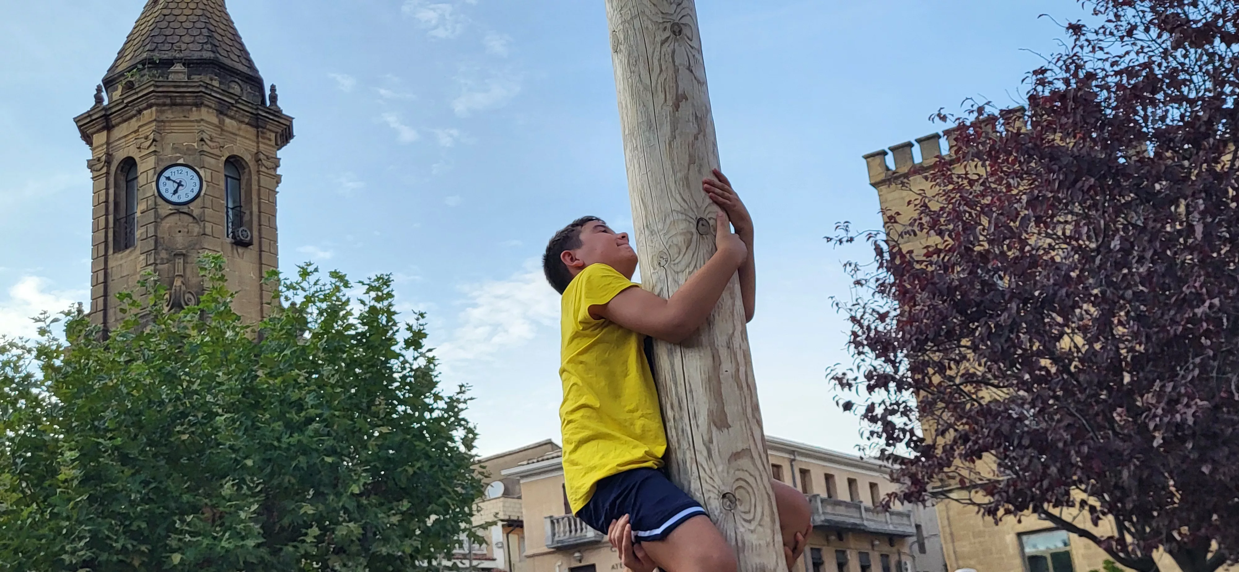 Madero enjabonado en las fiestas de Ayerbe. Foto Mercedes Manterola