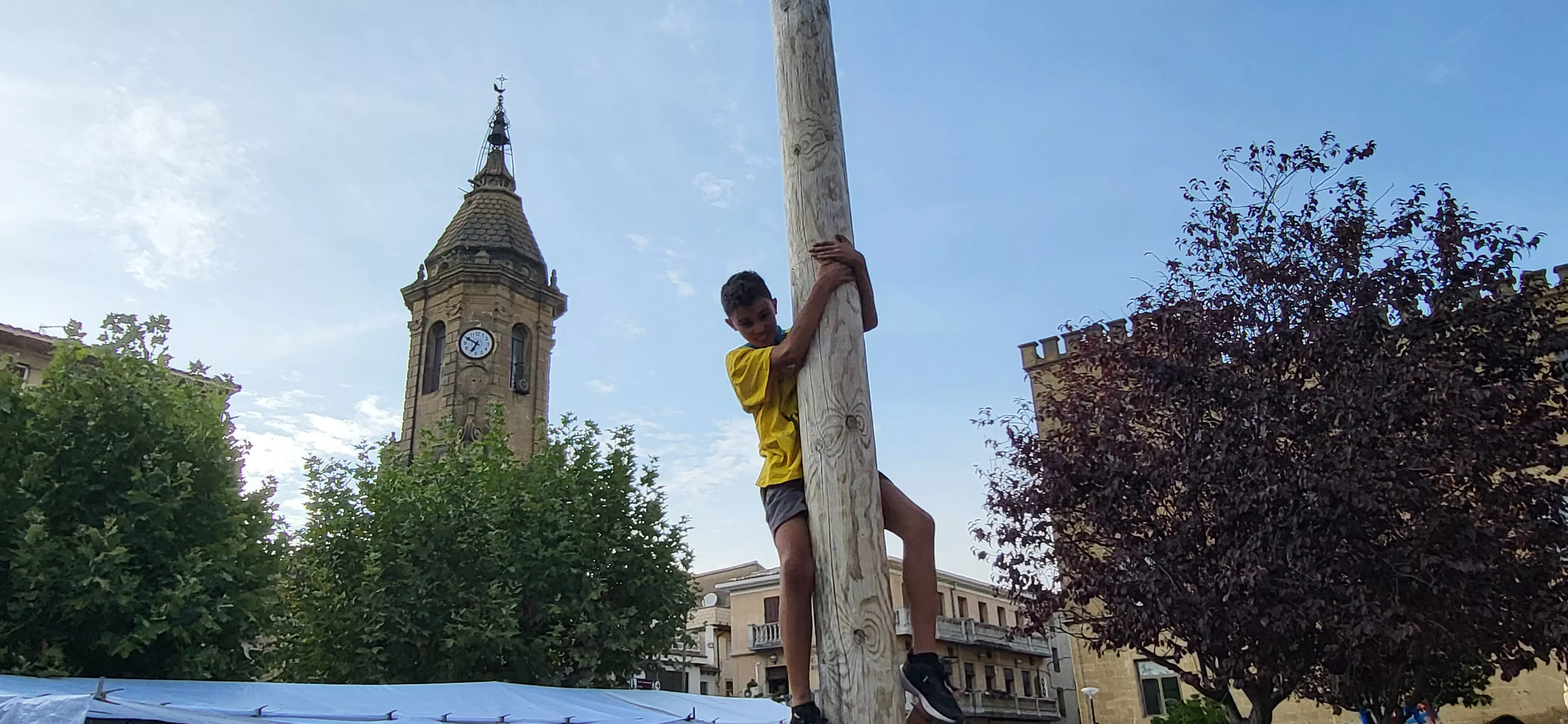 Madero enjabonado en las fiestas de Ayerbe. Foto Mercedes Manterola
