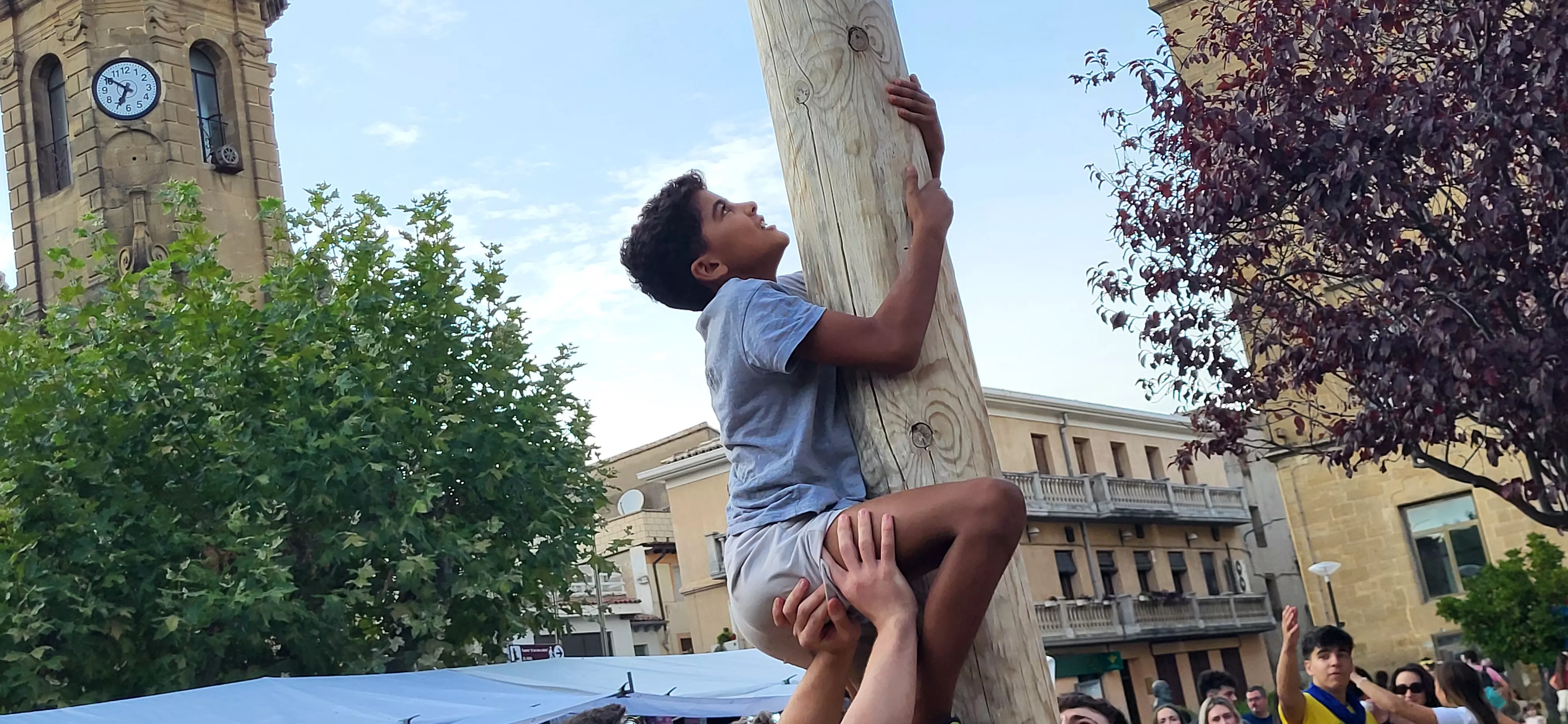 Madero enjabonado en las fiestas de Ayerbe. Foto Mercedes Manterola