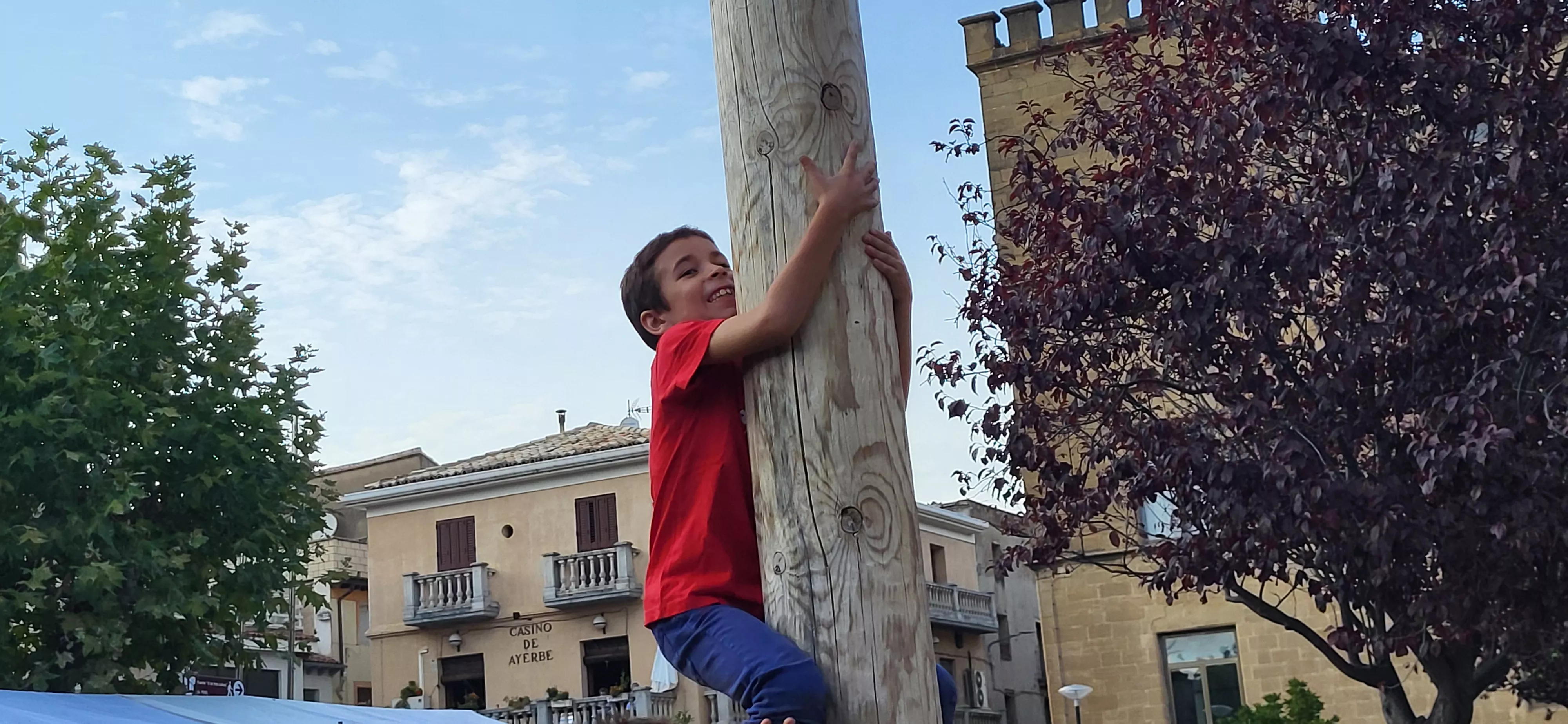 Madero enjabonado en las fiestas de Ayerbe. Foto Mercedes Manterola